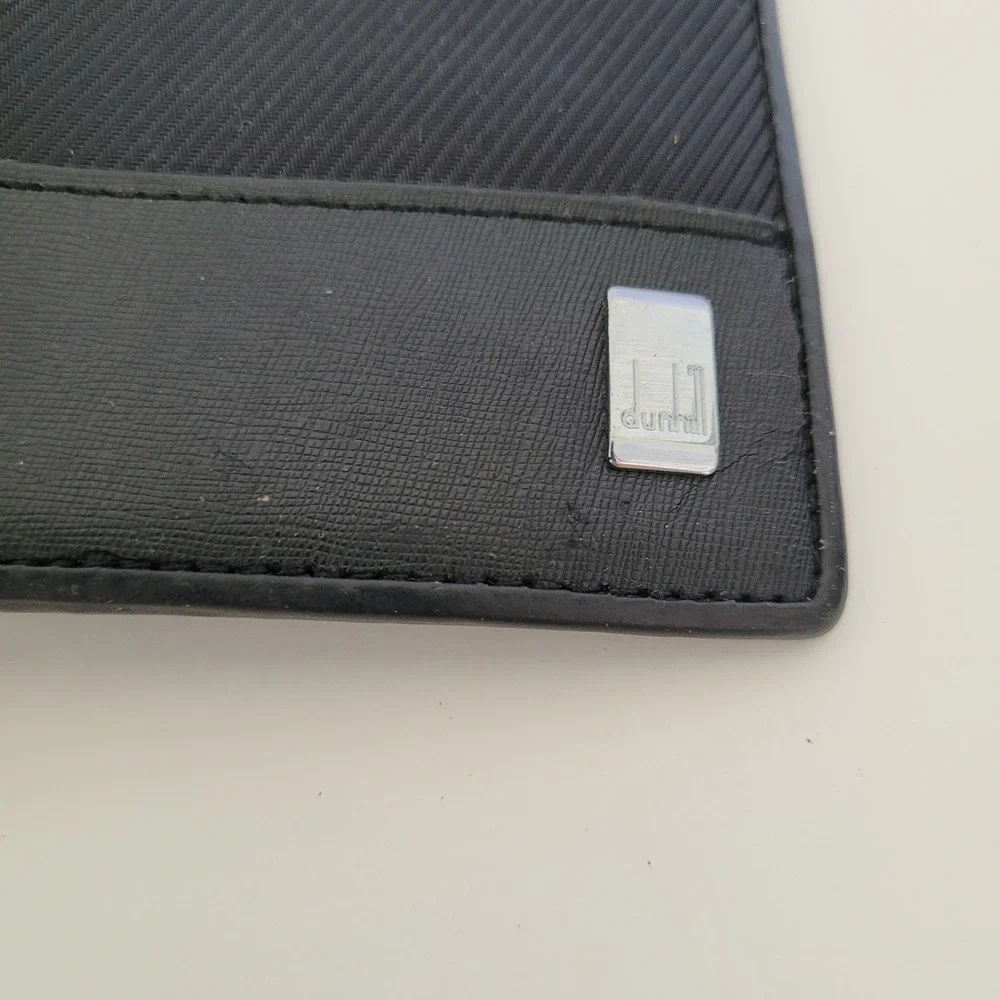 Dunhill Mens Black Canvas Leather Bifold Wallet Silver Logo Plaque